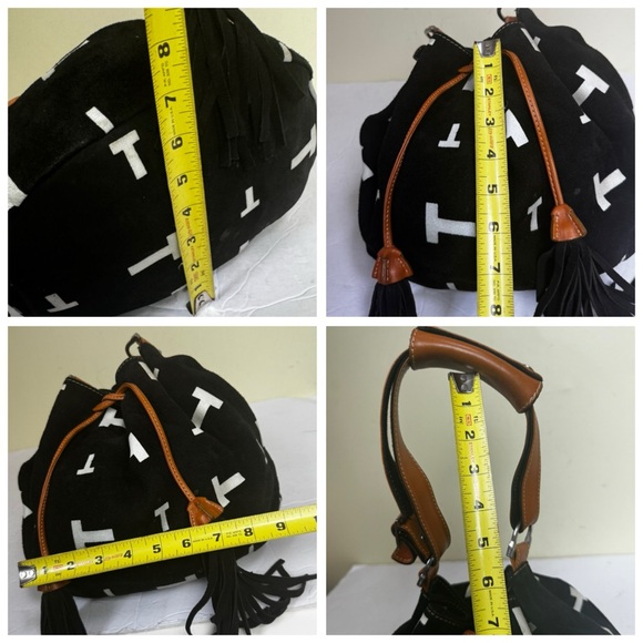 Tod’s T Logo Tassels Bucket Hobo Bag Leather Camel Suede Drawcord Luxury Preppy - Picture 15 of 15